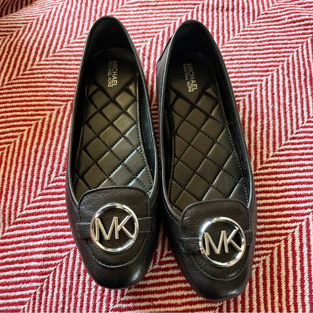 Michael Kors Women's Black MK Logo Leather Ballet Flats, Size 8